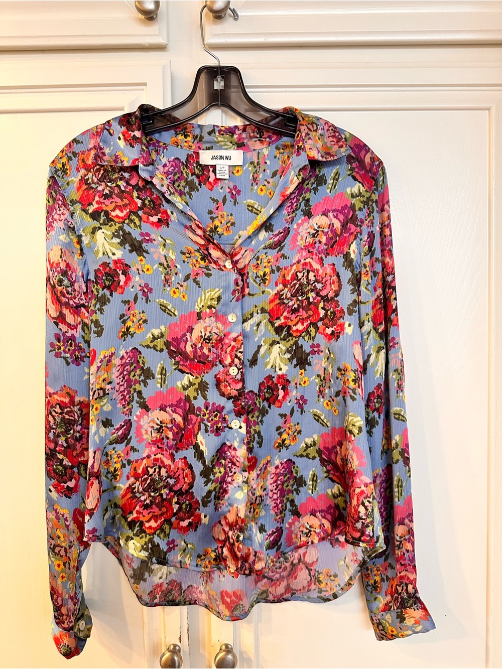 Tapestry Floral Button-Front Blouse in Blue and Pink by Jason Wu size S/P
